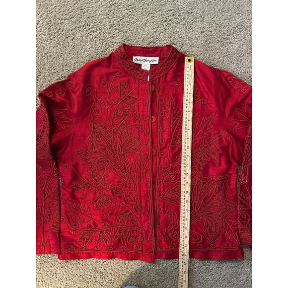 Vintage Norm Thompson Ruby Red Silk Embroidered Holiday Festive Jacket Size M - Picture 7 of 9